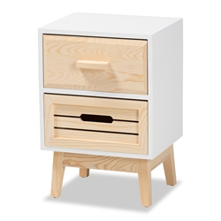 Baxton Studio Kalida Mid-Century Modern Two-Tone White and Oak Brown Finished Wood 2-Drawer Nightstand Affordable modern furniture in Chicago, classic bedroom furniture, modern nightstand, cheap nightstand
